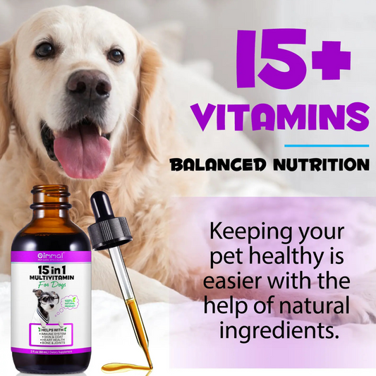 Dog treats bottle of Pet Care Expert 100% natural liquid 15-in-1 multivitamin drops for dog health supplements.