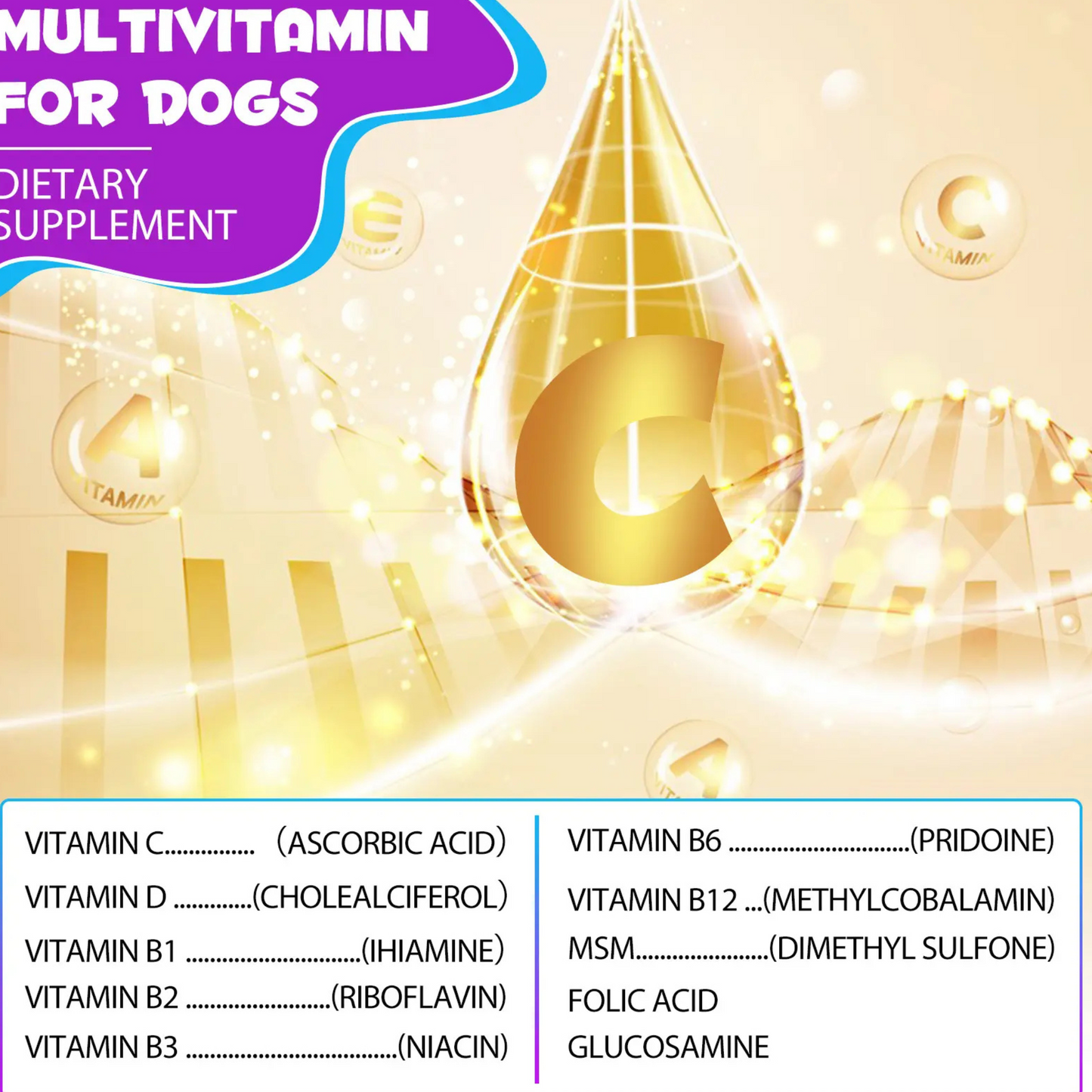 Pet Care Expert 100% Natural Liquid 15-in-1 Multivitamin Drops for Dogs, showing the supplement bottles and dog treats.