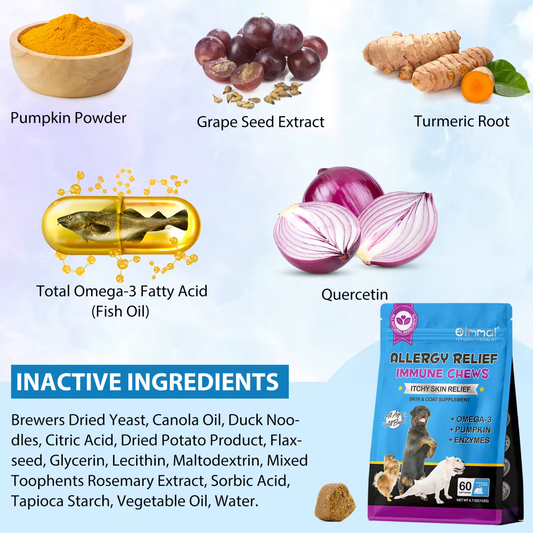 Pet Care Expert 60 pcs dog allergy chews, soft treats for itch relief and immunity support, shown in a close-up image.