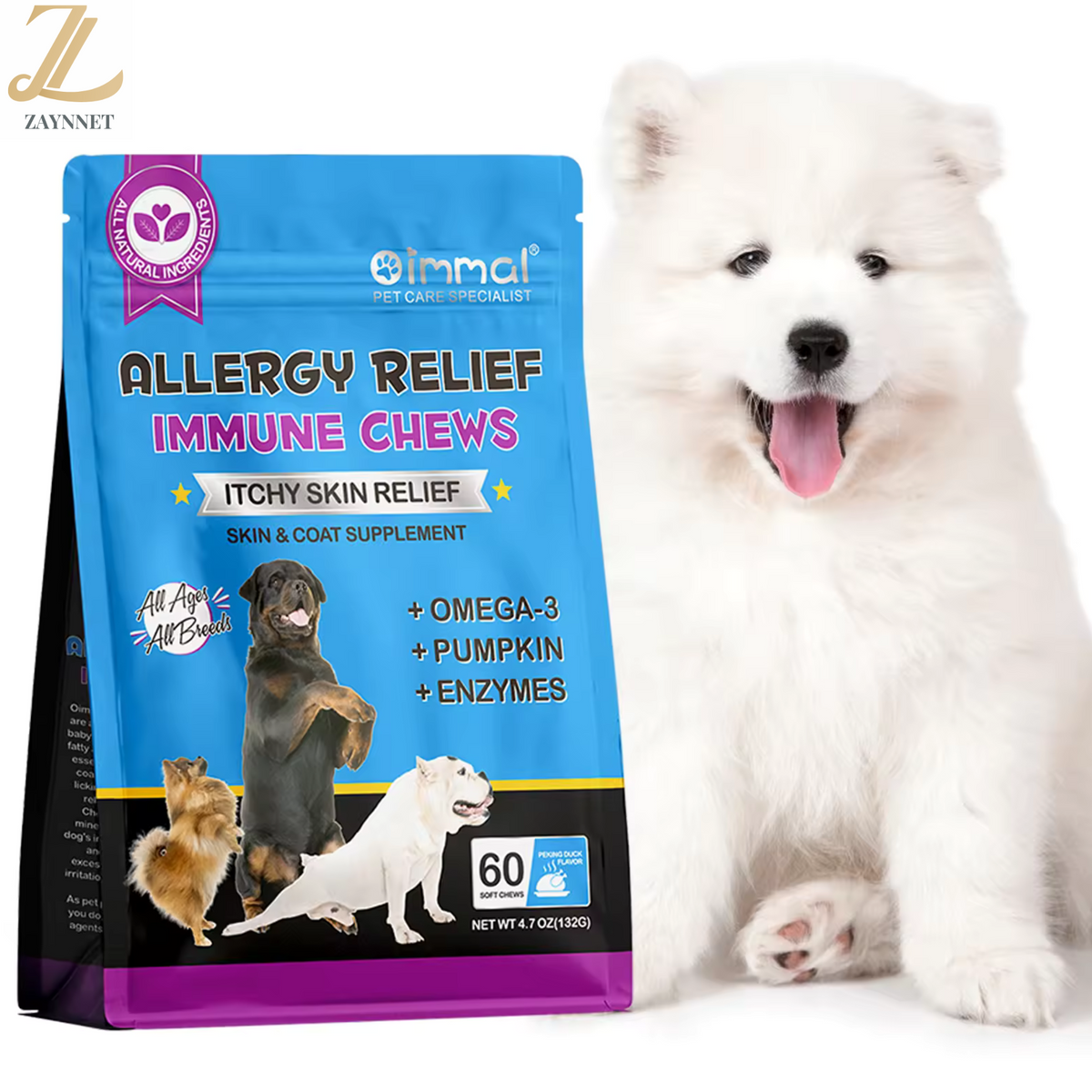 Pet Care Expert 60-pack dog allergy chews, soft treats to support itch relief and immune health for dogs.