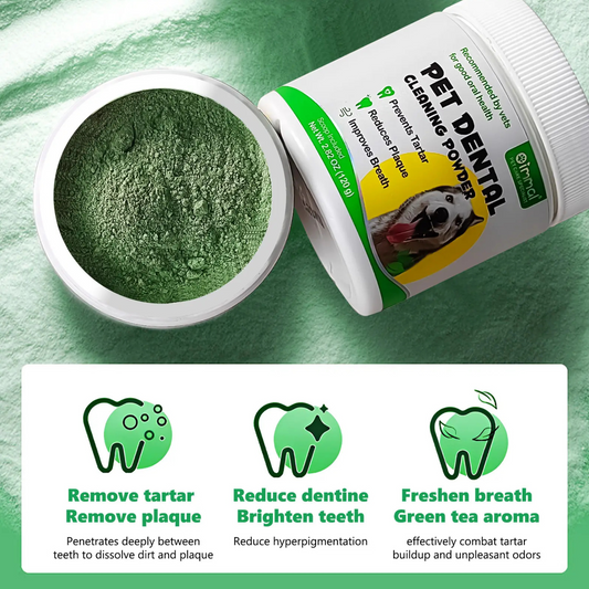 Pet Care Expert dental cleaning powder for dogs to improve breath and reduce tartar buildup on teeth.