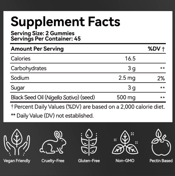 BLACK SEED OIL Gummies for Hair Skin Joint Health. Vegan, Halal x 90 Gummies