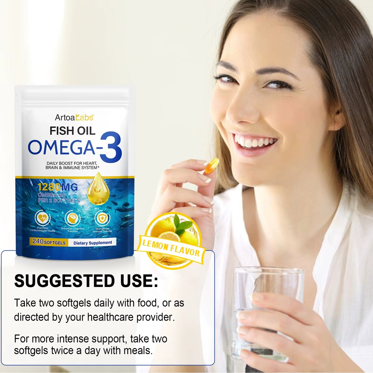240 softgels Omega 3 Fish Oil 1280 mg Heart, Brain, Blood flow & Vision Support