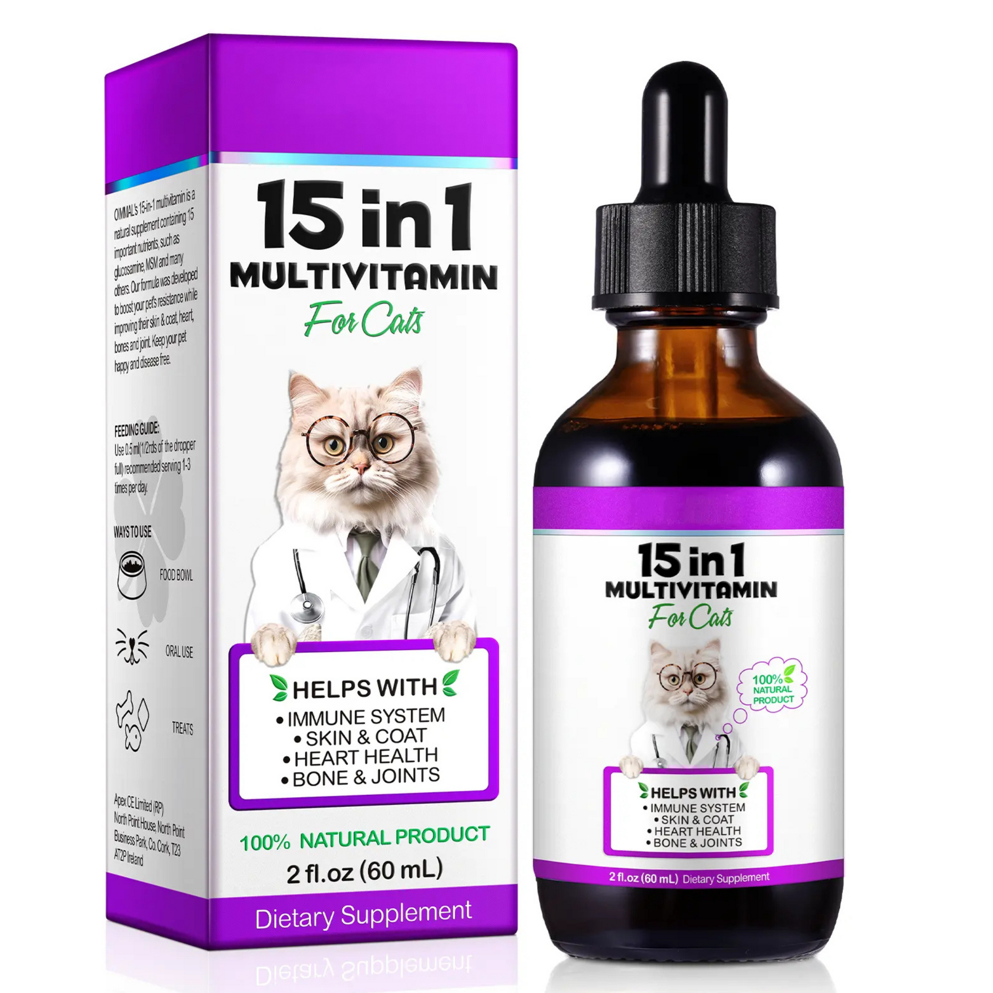 Cat 100% Natural Liquid 15 in 1 Multivitamin Drops Health Supplements for Cats - Pet Care Expert