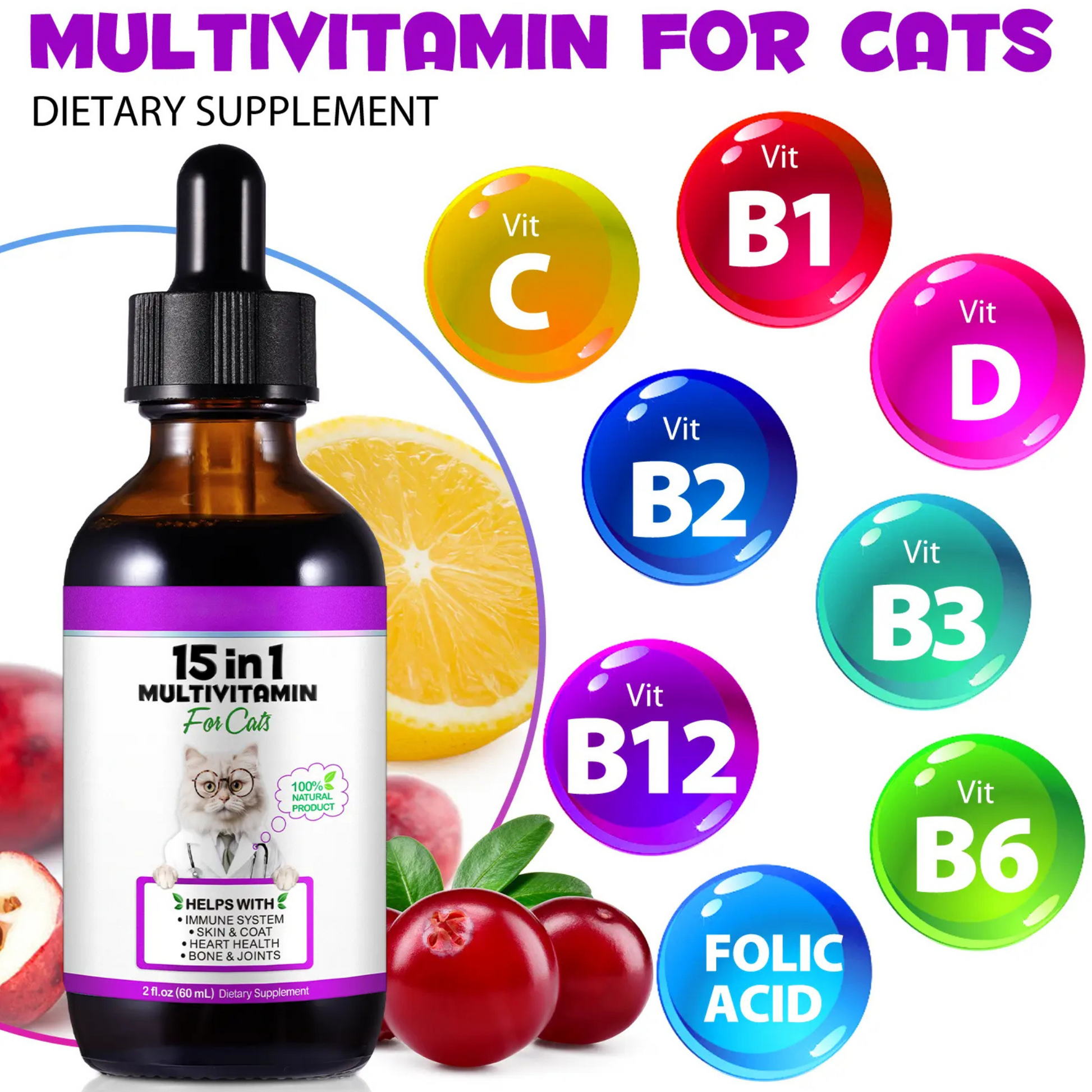 Cat 100% Natural Liquid 15 in 1 Multivitamin Drops Health Supplements for Cats - Pet Care Expert