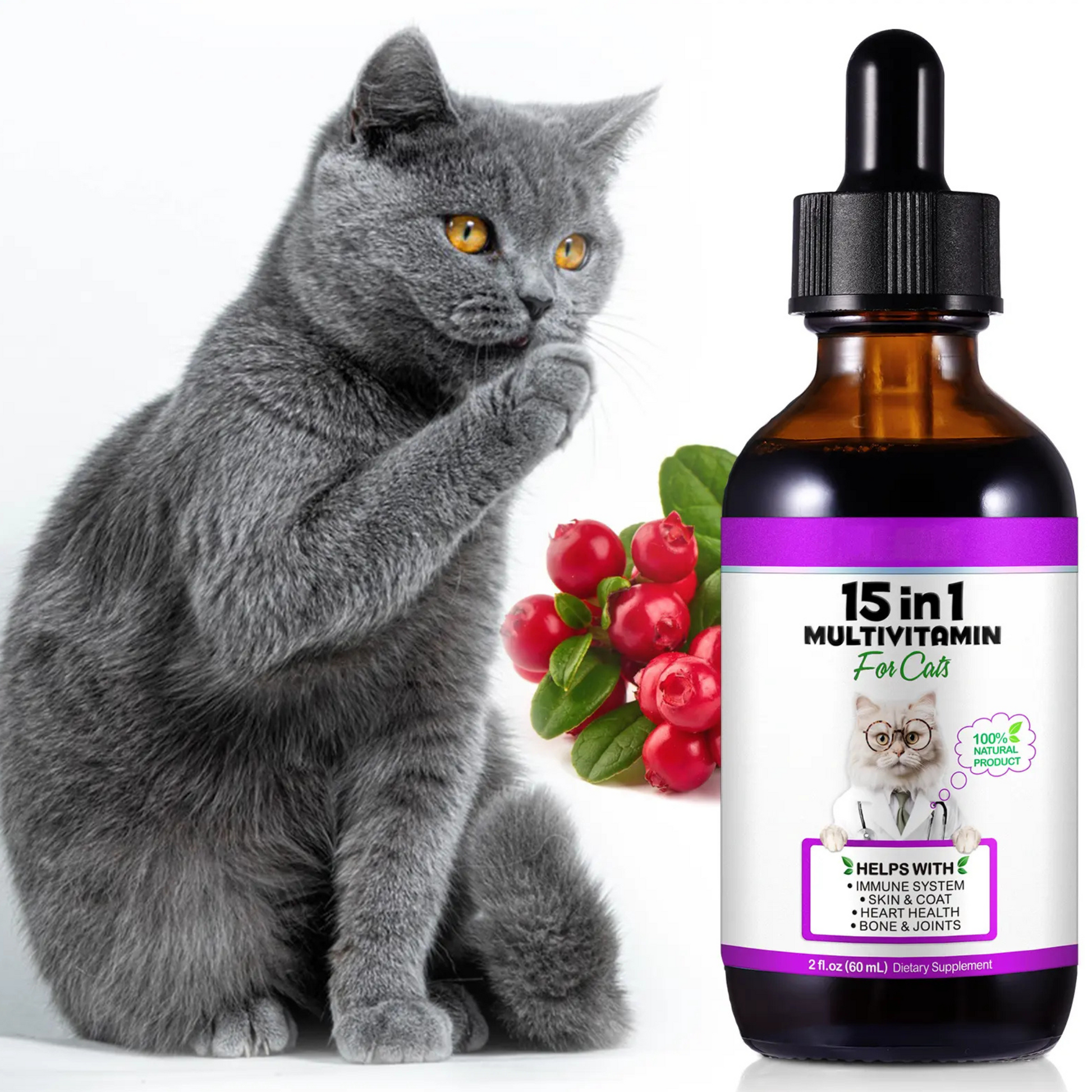Cat 100% Natural Liquid 15 in 1 Multivitamin Drops Health Supplements for Cats - Pet Care Expert