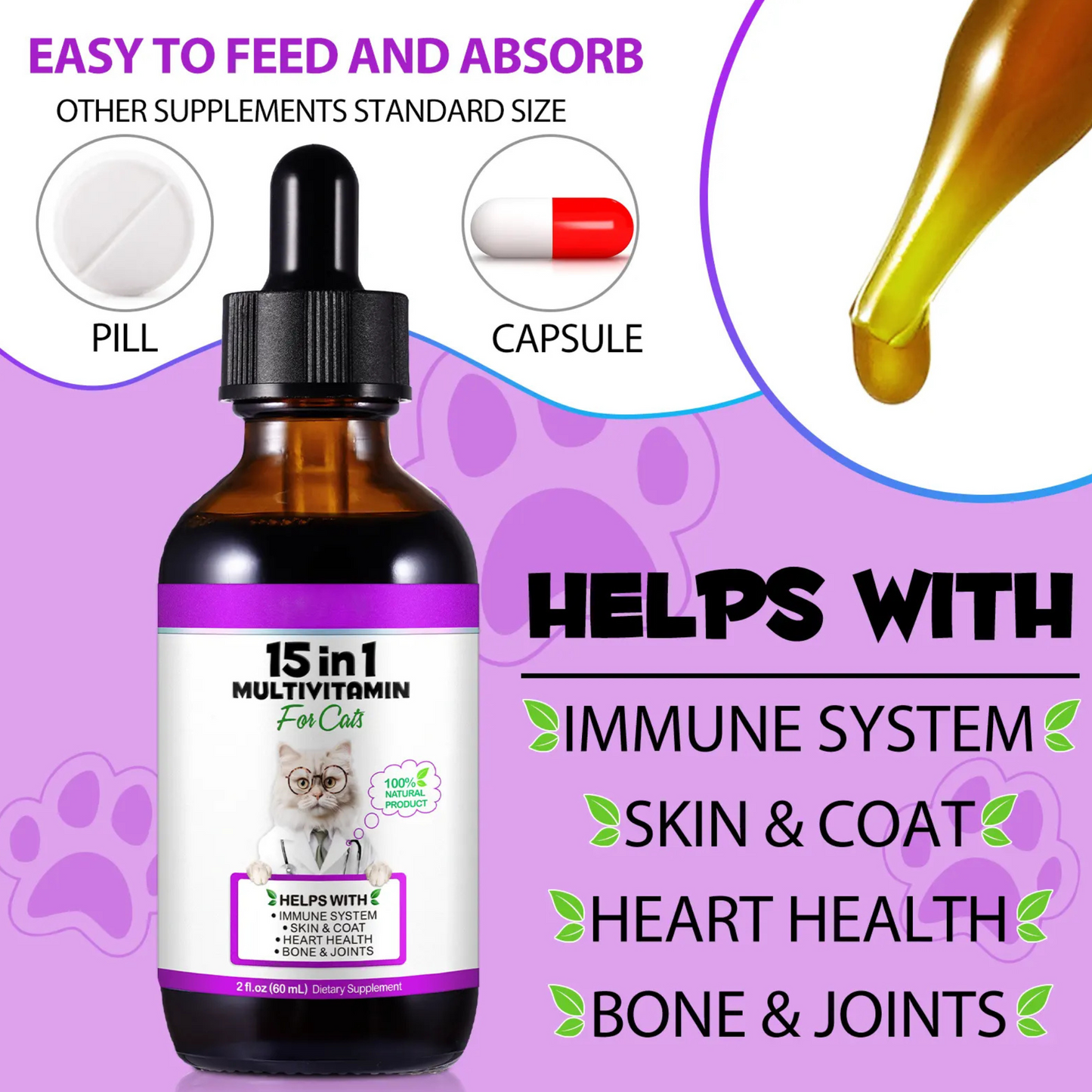 Cat 100% Natural Liquid 15 in 1 Multivitamin Drops Health Supplements for Cats - Pet Care Expert