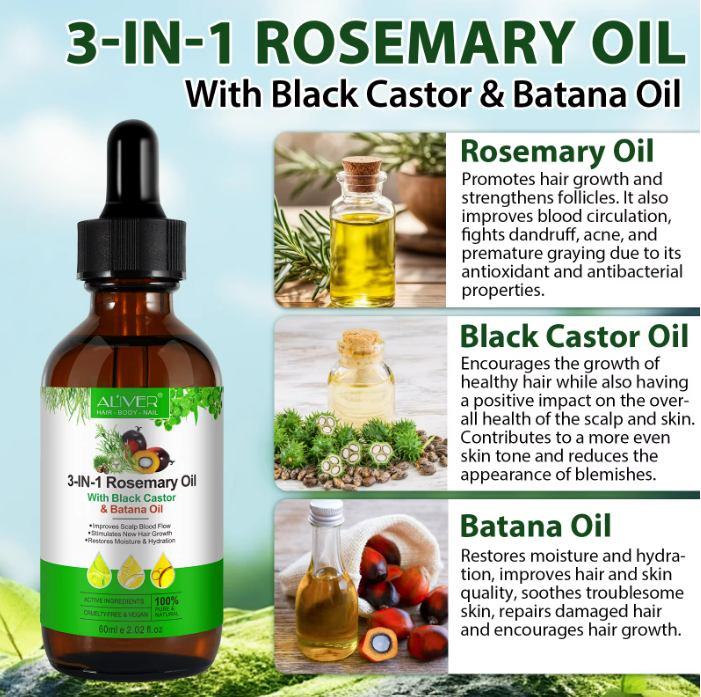 3-in-1 Hair Oil, Rosemary, Black Castor & Batana, Skin Nourishing Oil, 100% Pure