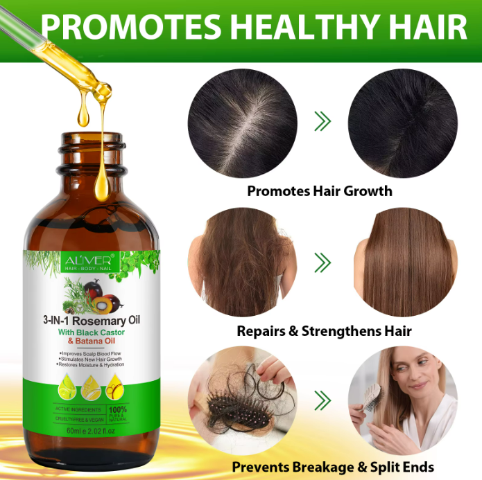 3-in-1 Hair Oil, Rosemary, Black Castor & Batana, Skin Nourishing Oil, 100% Pure