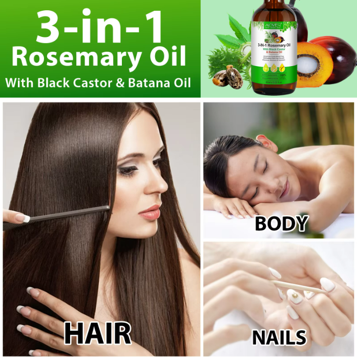 3-in-1 Hair Oil, Rosemary, Black Castor & Batana, Skin Nourishing Oil, 100% Pure