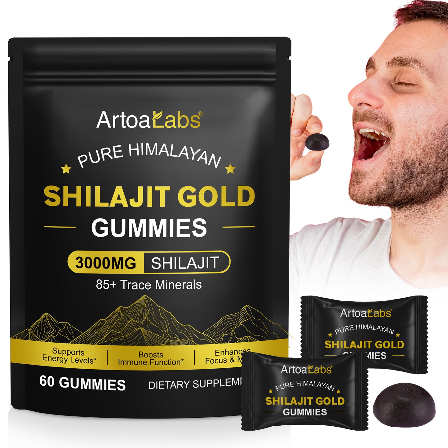 Pure Himalayan Shilajit Gummies Gold 3000MG - 60 Gummies - High Fulvic Acid (Vegan, Halal)