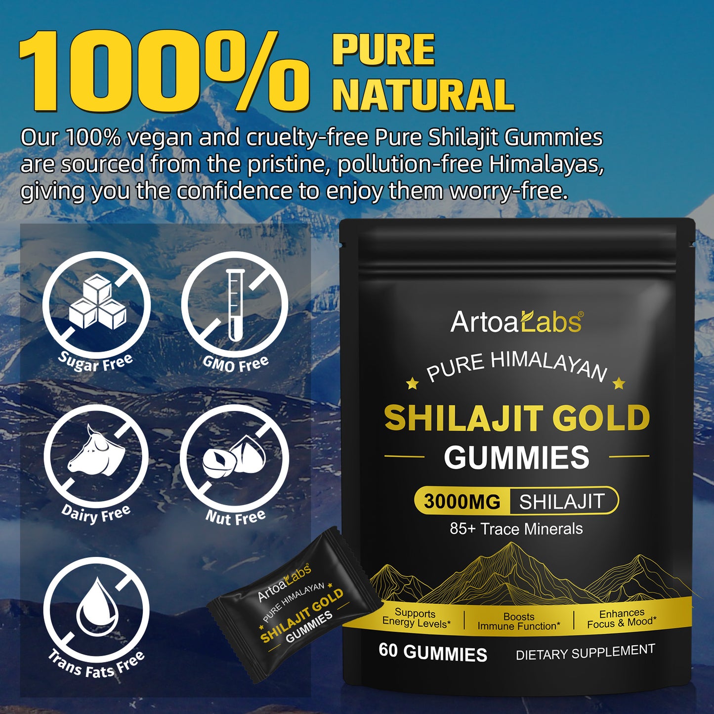 Pure Himalayan Shilajit Gummies Gold 3000MG - 60 Gummies - High Fulvic Acid (Vegan, Halal)