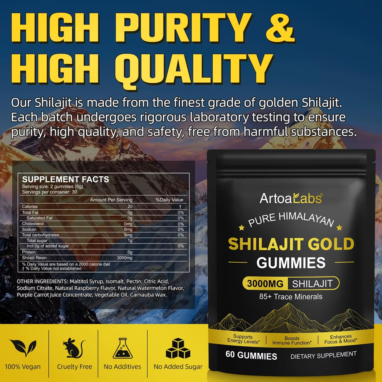 Pure Himalayan Shilajit Gummies Gold 3000MG - 60 Gummies - High Fulvic Acid (Vegan, Halal)