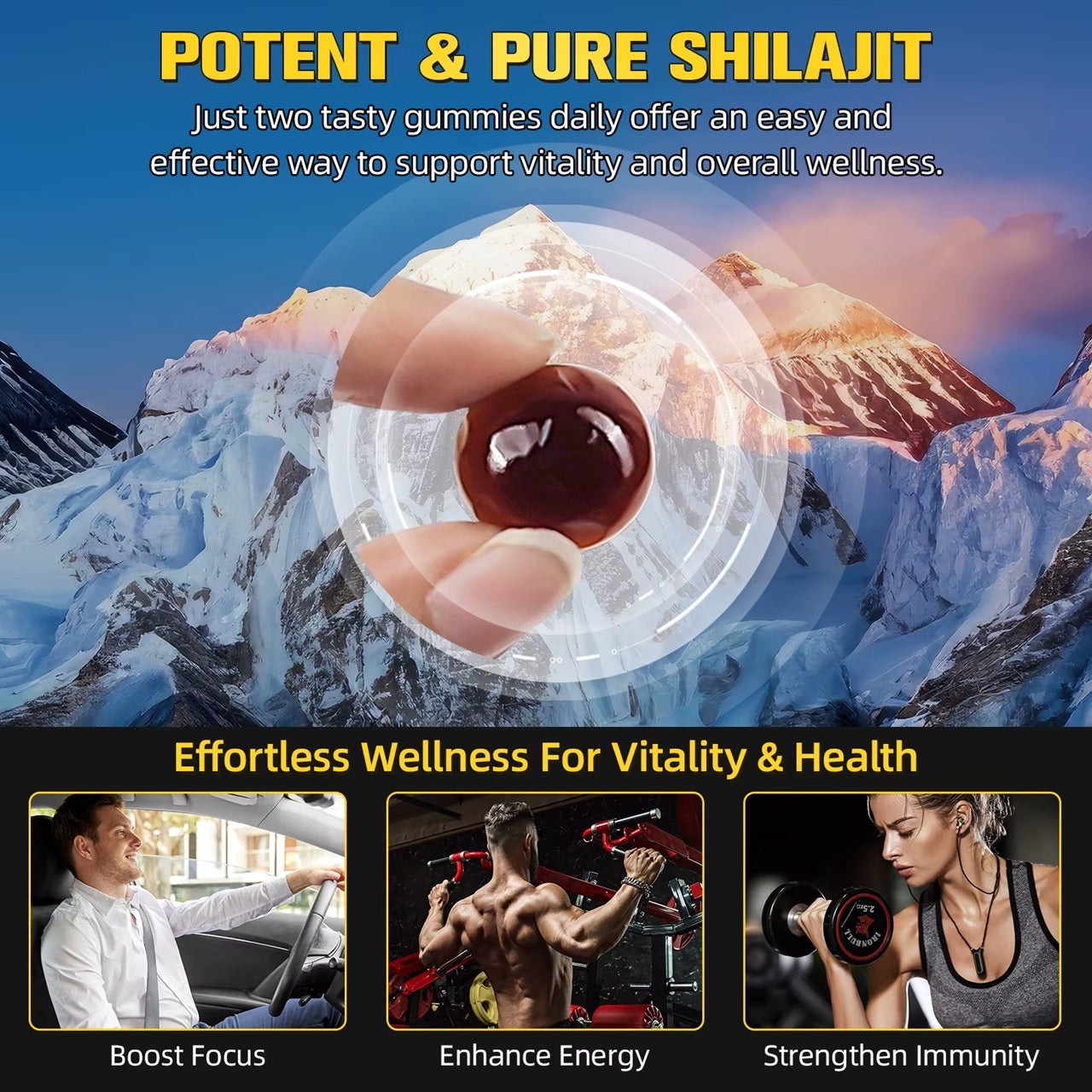 Pure Himalayan Shilajit Gummies Gold 3000MG - 60 Gummies - High Fulvic Acid (Vegan, Halal)
