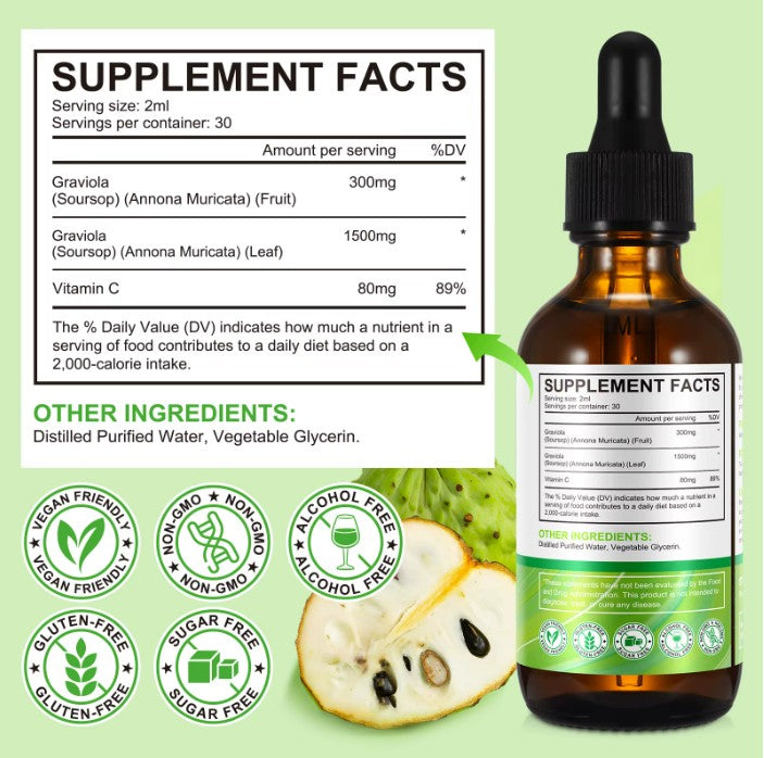 100% Pure Graviola Soursop Liquid Drops Bitters Fruit & Leaf Herbal Extract 60ml