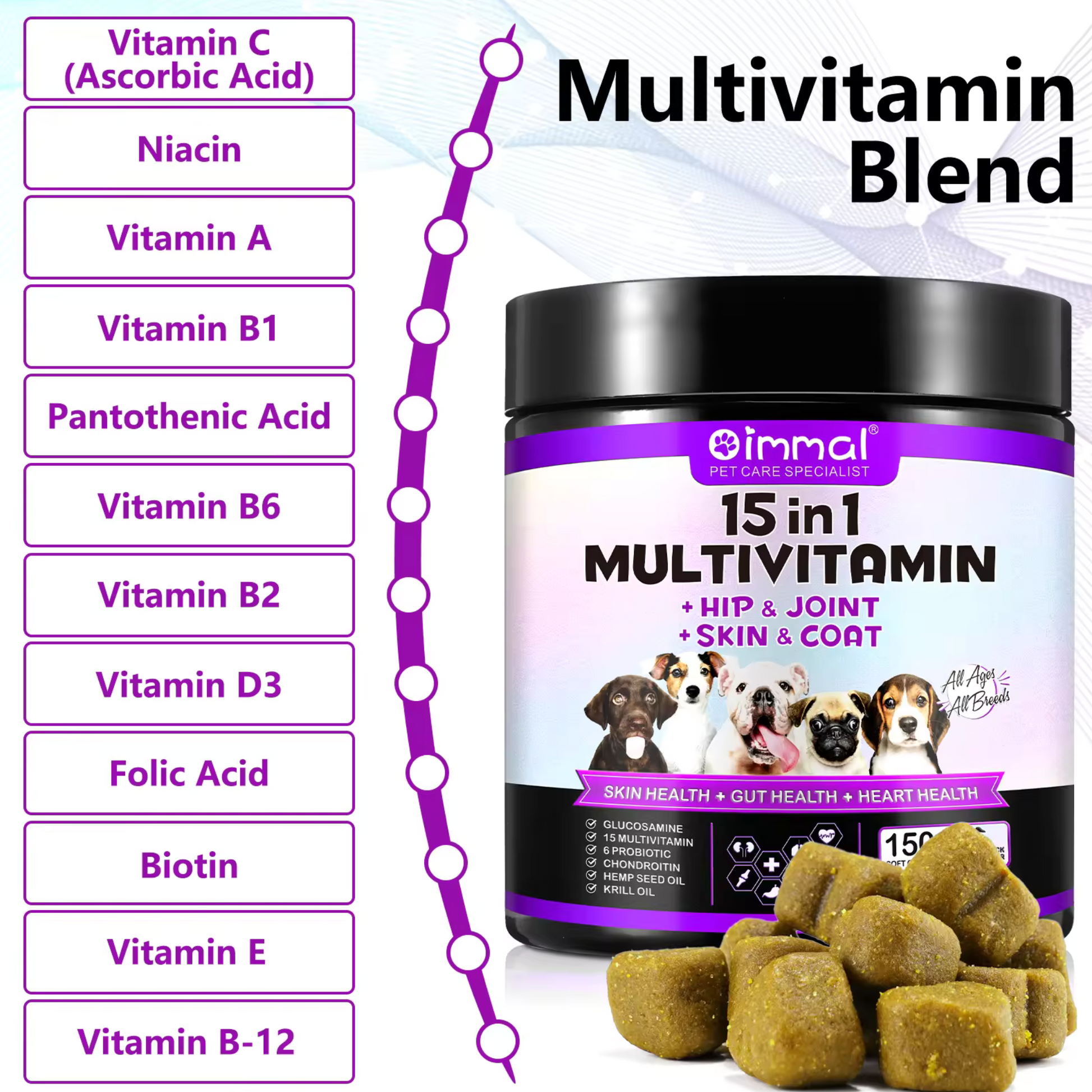 Pet Care Expert cat treats with multivitamin, probiotic blend for skin, gut, and heart health, in soft chew form.