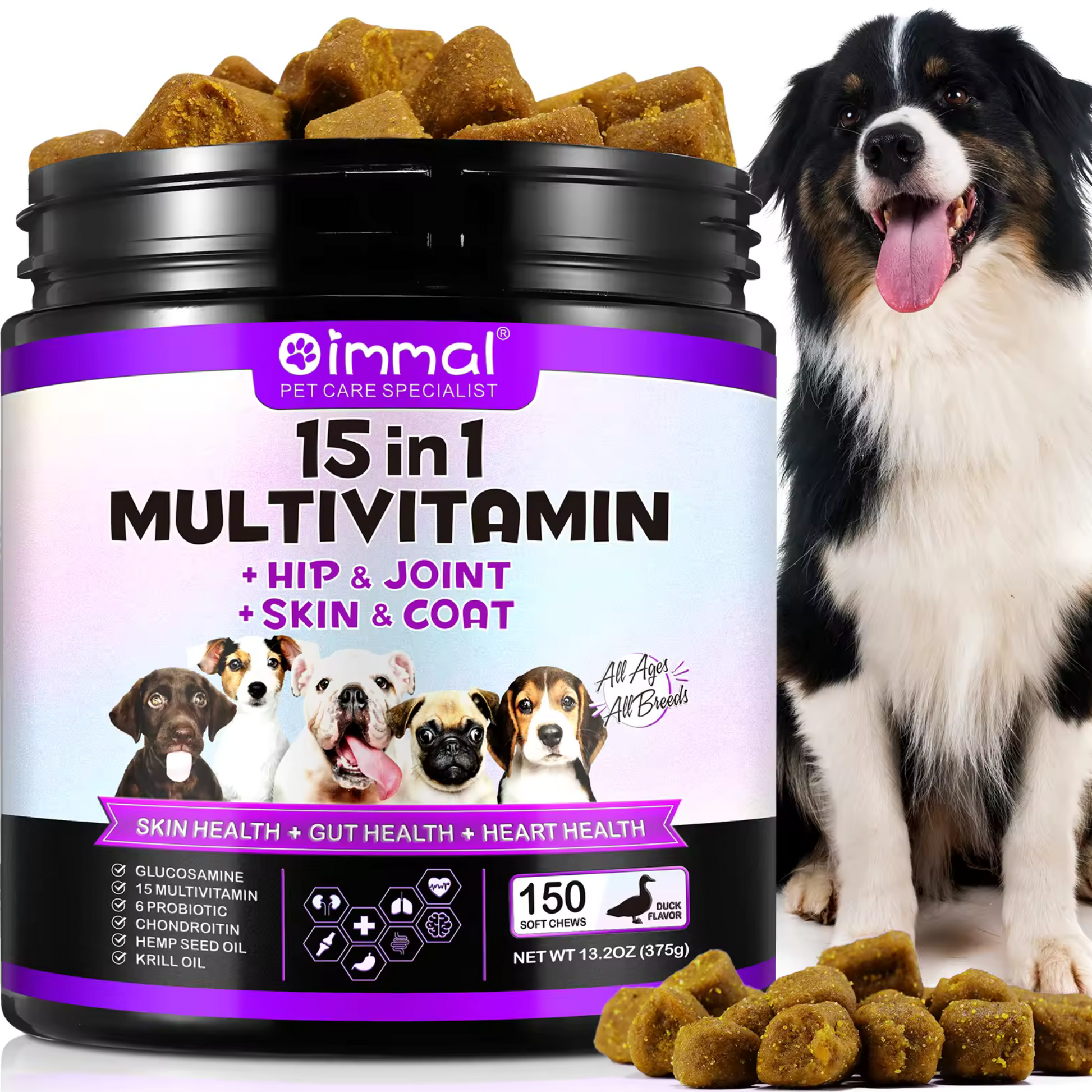 Pet Care Expert cat treats with multivitamin chews, probiotic blend for skin, gut, and heart health in a natural, appealing presentation.
