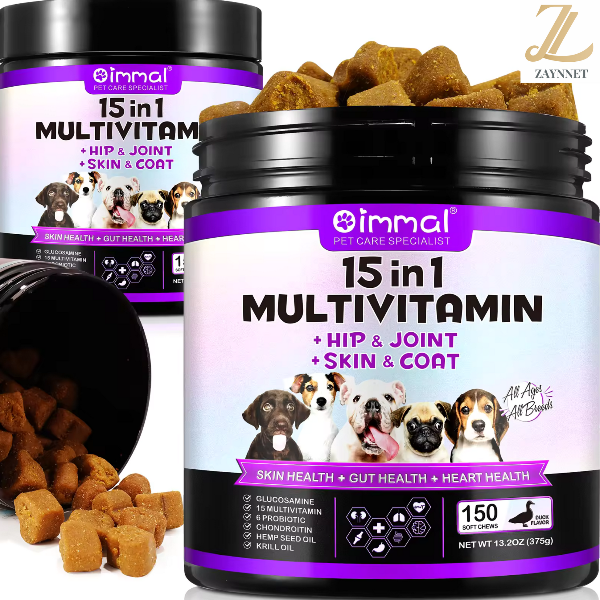 Pet Care Expert cat treats with multivitamins, probiotic blend, and supplements for skin, gut, and heart health.