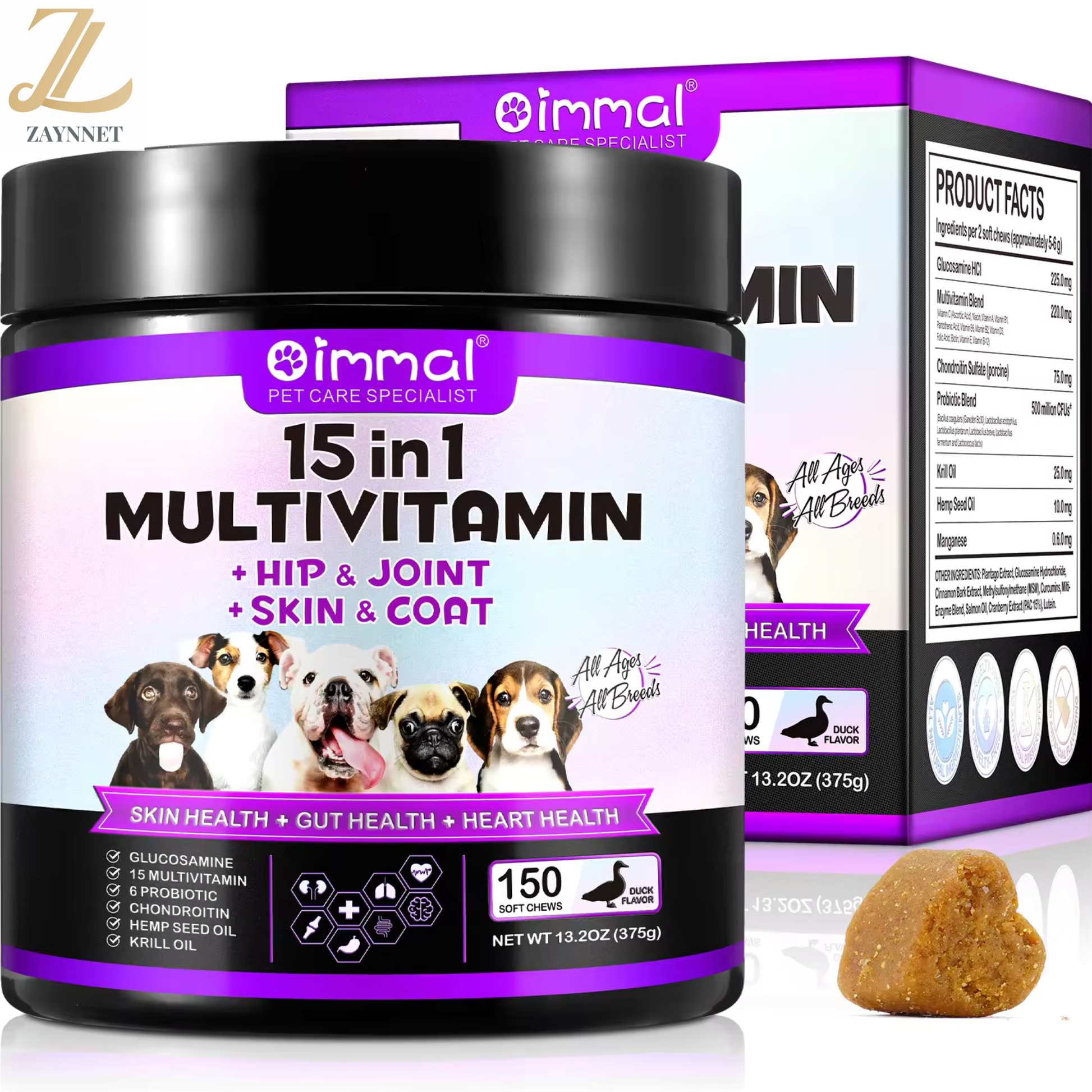 Pet Care Expert cat treats with multivitamin chews, probiotic supplement blend for skin, gut, and heart health.