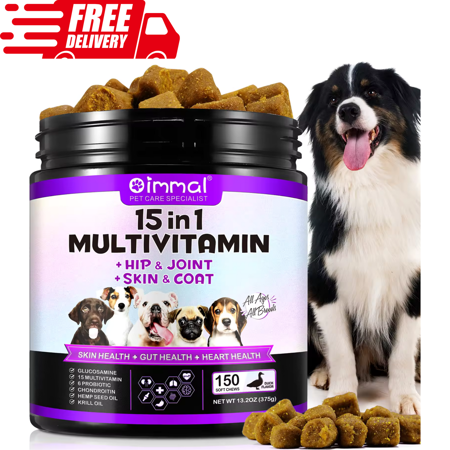 Dog MultiVitamin Chews Food Treats Dog ProBiotic Supplement Blend Skin Gut Heart