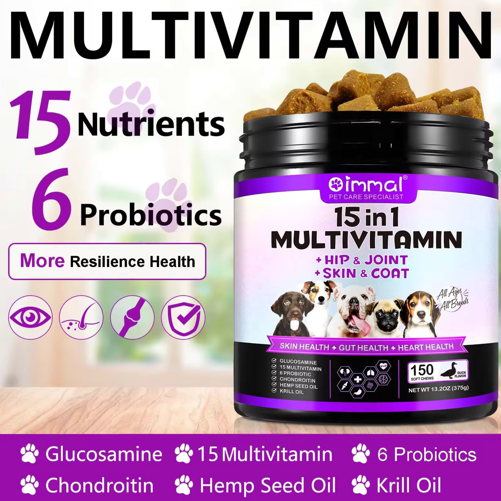 Pet Care Expert dog multivitamin chews with probiotics, supporting skin, gut, and heart health in tasty food treats.