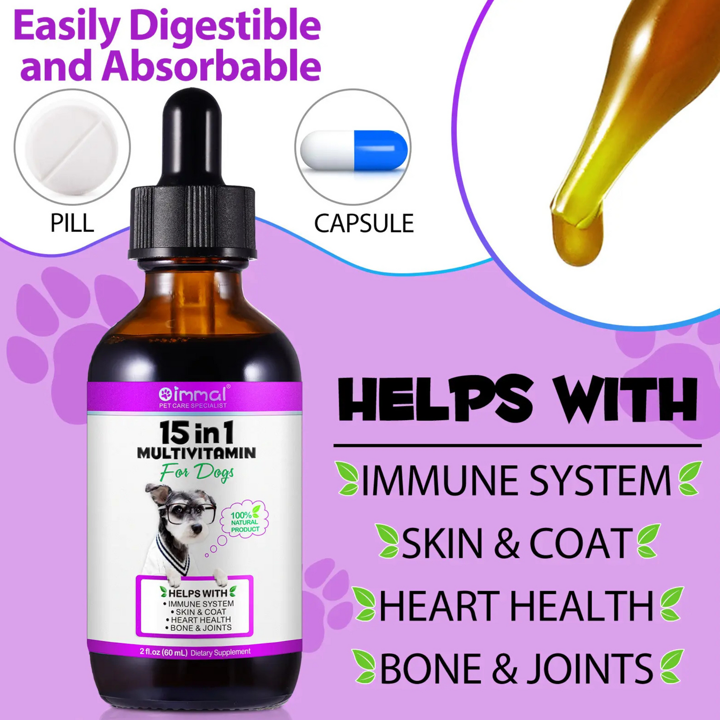 Pet Care Expert natural liquid 15-in-1 multivitamin drops for dogs, showing the supplement bottle and dog treats on a white background.