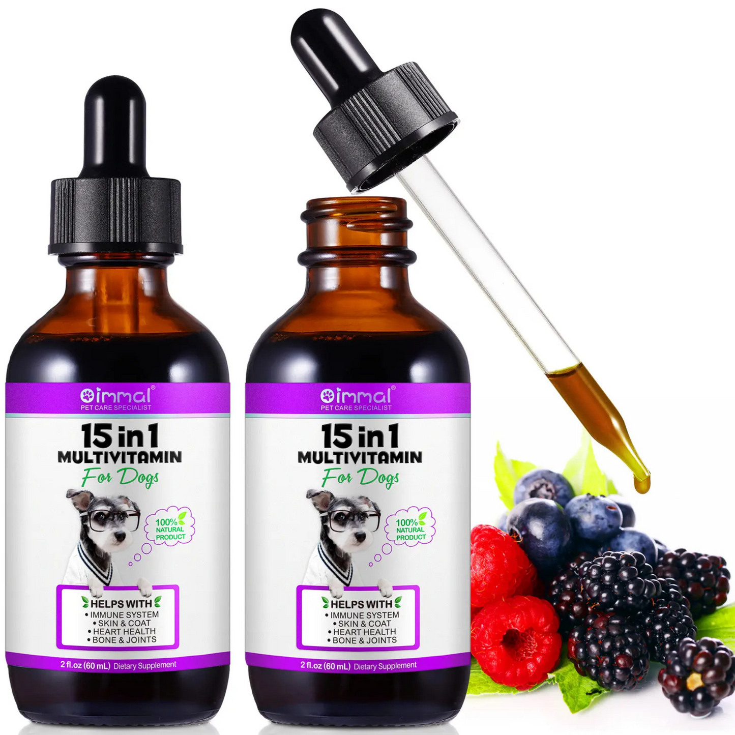 Dog treats with Pet Care Expert 100% natural liquid 15-in-1 multivitamin drops health supplements for dogs in a clear bottle.