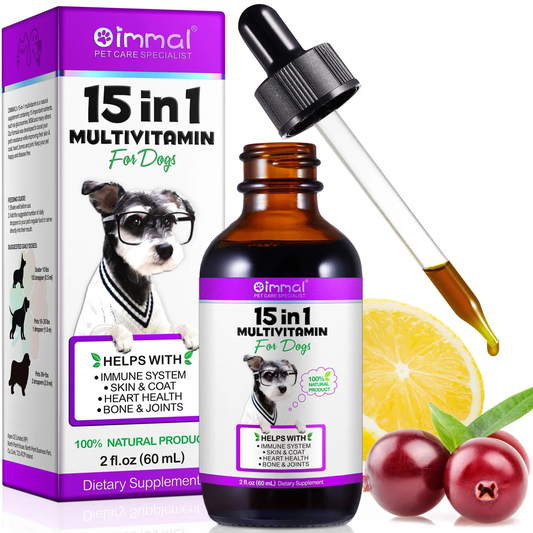 Pet Care Expert 15-in-1 natural liquid multivitamin drops for dogs, shown in a bottle with a dog treat background.