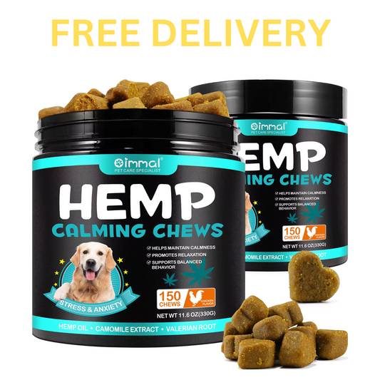 Pet Care Expert 150 Dog Food Hemp Chews with chicken, calming treats for dogs to help relieve anxiety and promote relaxation.