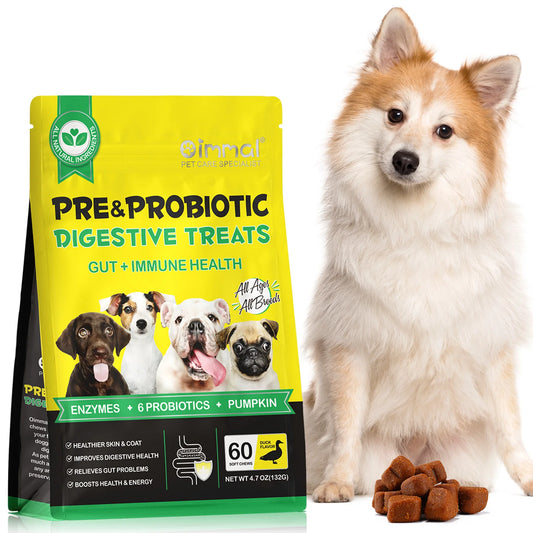 Pet Care Expert 60 Daily PRE & PRO biotics dog treats for healthy digestion and gut support, shown in the image.