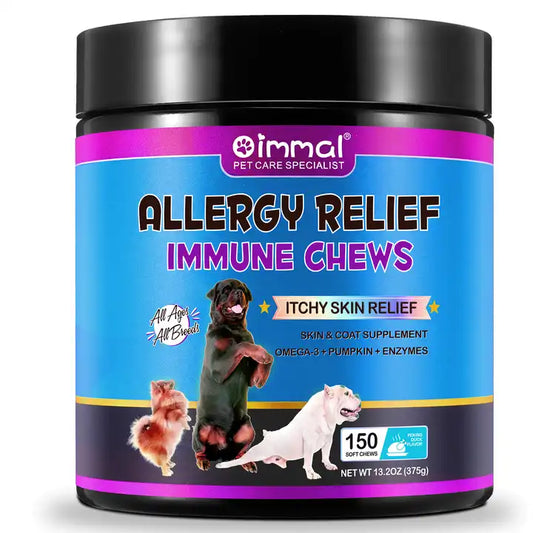 Dog treats by Pet Care Expert designed for allergy relief and immune support, featuring natural ingredients for itchy skin.