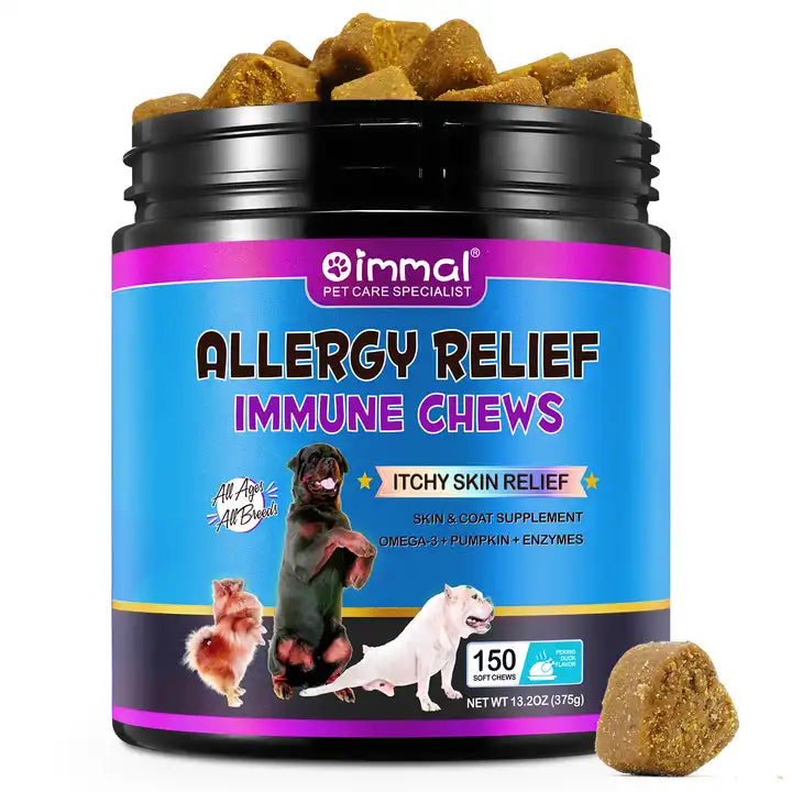 Dog treats from Pet Care Expert designed for allergy relief and skin support, showing a bag of chews with a happy dog.