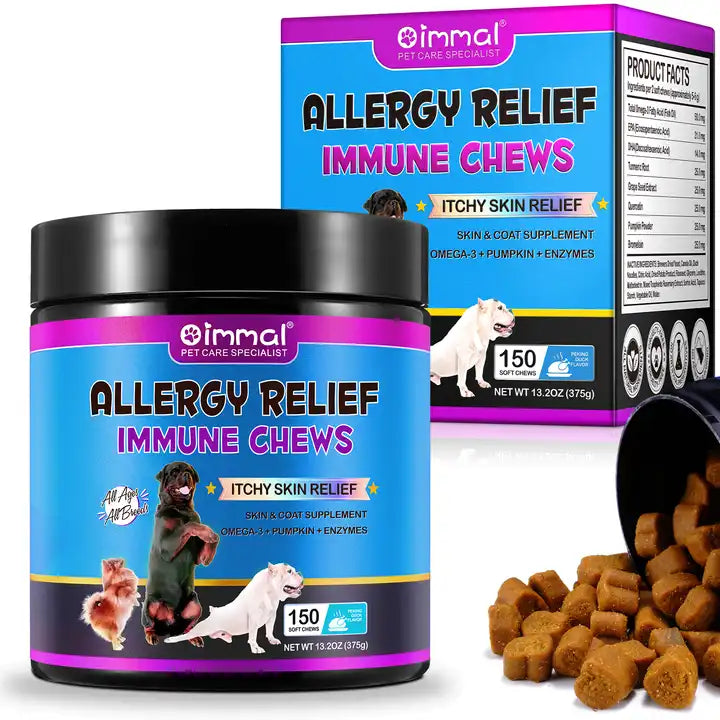 Dog treats from Pet Care Expert designed for allergy relief and immune support, featuring natural ingredients for itchy skin comfort.