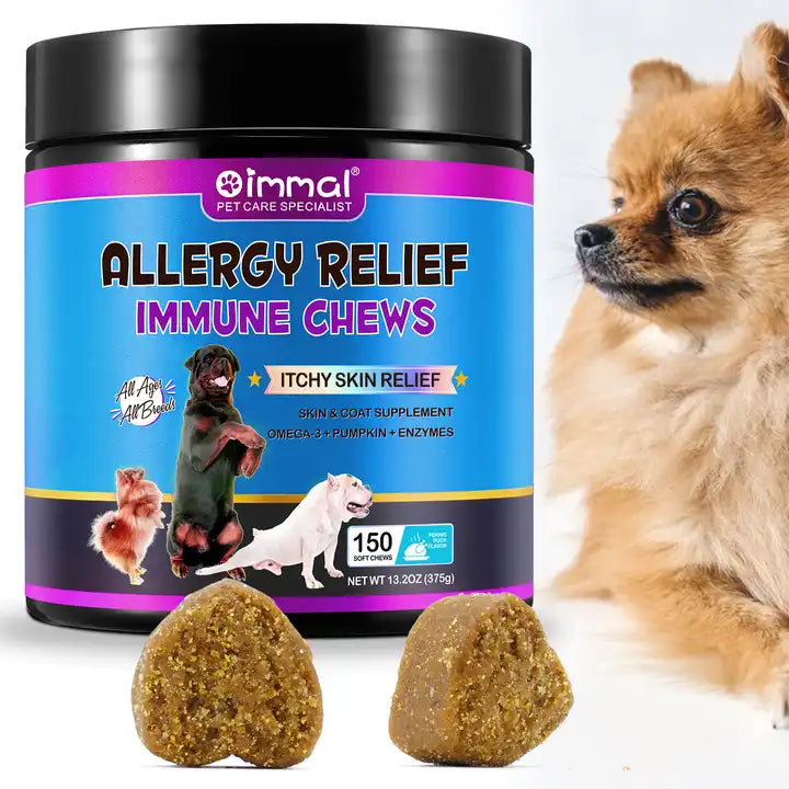 Dog treats by Pet Care Expert designed for allergy relief and immune support, featuring natural ingredients for healthy skin and comfort.