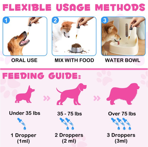 Dog treats labeled as Pet Care Expert Liquid Collagen Supplement for skin, coat, and joint support for dogs.