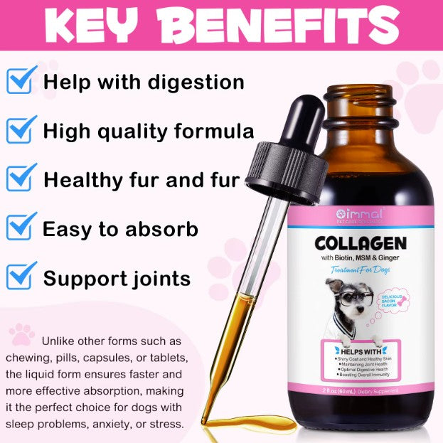 Dog treats with liquid collagen supplement for skin, coat, and joint support from Pet Care Expert, displayed in a bowl.