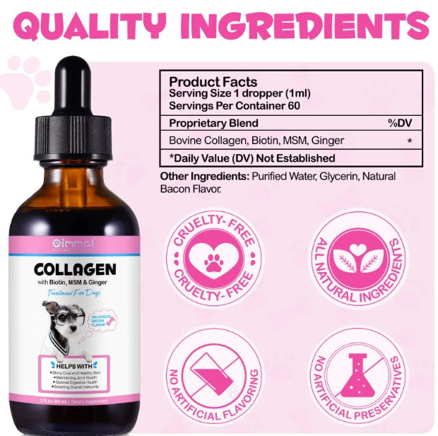 Dog treats with liquid collagen for skin, coat, and joint support from Pet Care Expert, displayed in a natural setting.