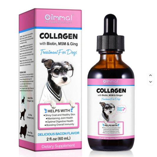 Dog treats with liquid collagen supplement by Pet Care Expert, supporting skin, coat, and joint health for dogs.