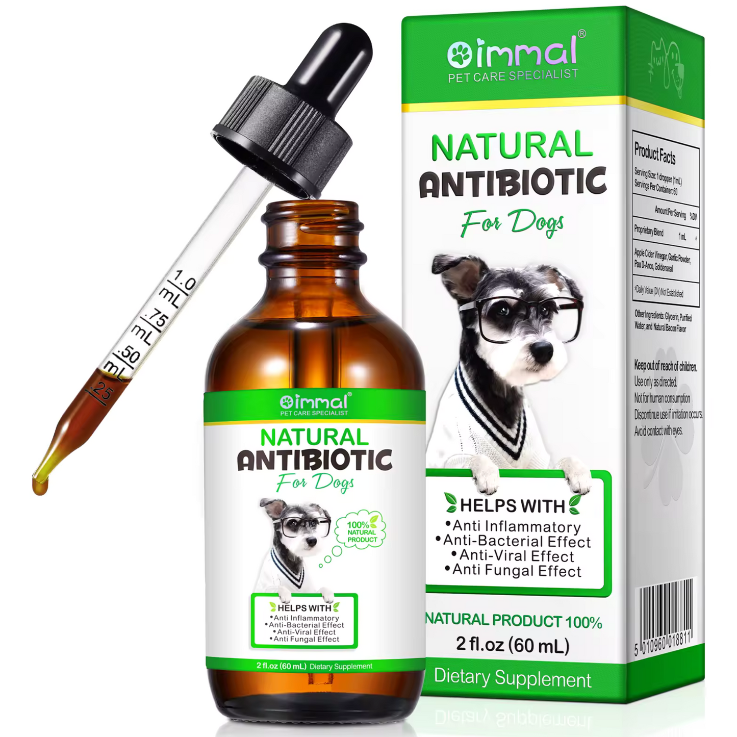 Natural Dog Immune Support Drops by Pet Care Expert, herbal pet supplement in a dropper bottle with dog treats nearby.
