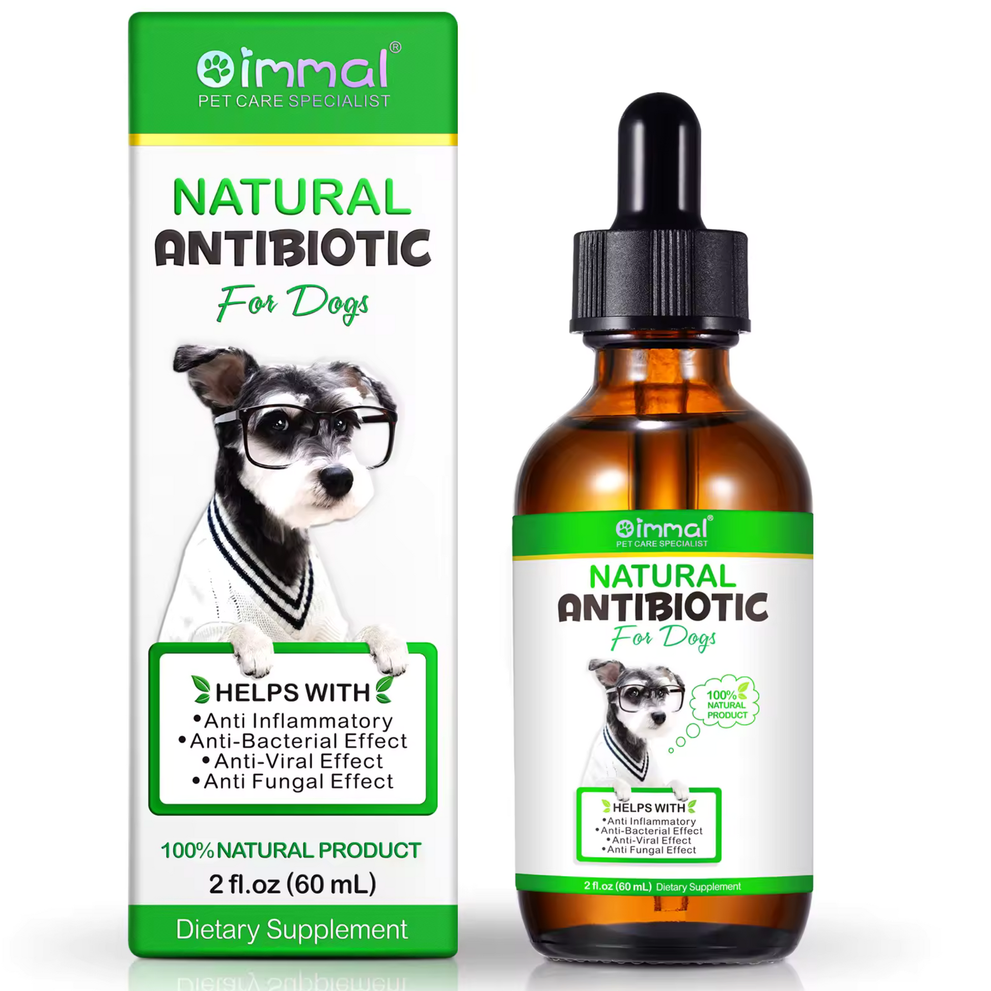 Natural dog immune support drops by Pet Care Expert, herbal pet supplement treat with dropper bottle and herbal ingredients.