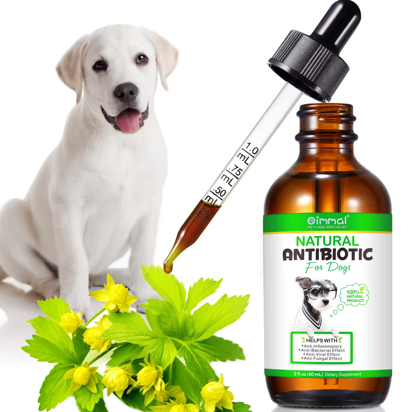 Natural Dog Immune Support Drops from Pet Care Expert, herbal pet supplement in a bottle, designed for dog health and immunity.