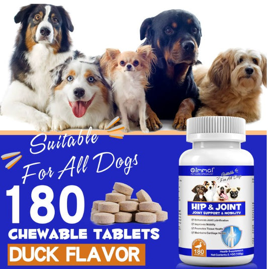 Dog treats from Pet Care Expert, Oimmal hip and joint support tablets for dogs, duck flavor, 180 count.