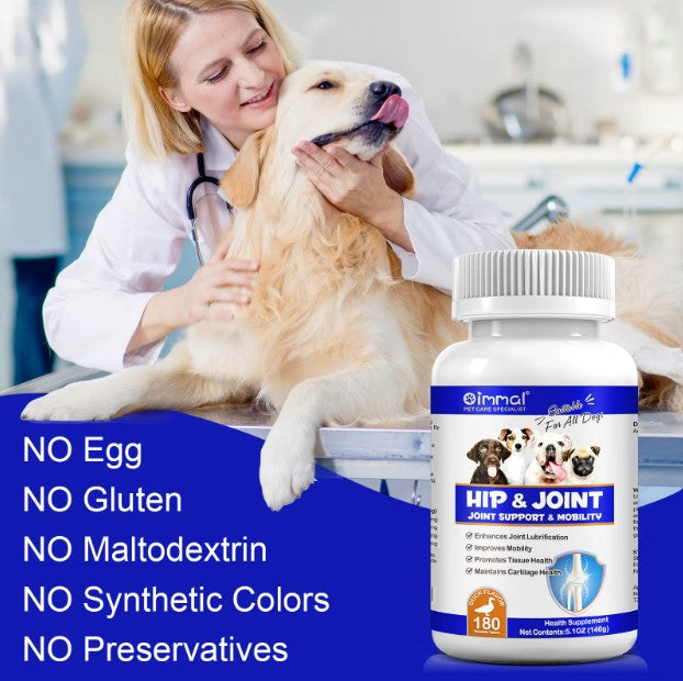 Oimmal duck-flavored dog treats in a bottle, 180 tablets for hip and joint support, from Pet Care Expert.