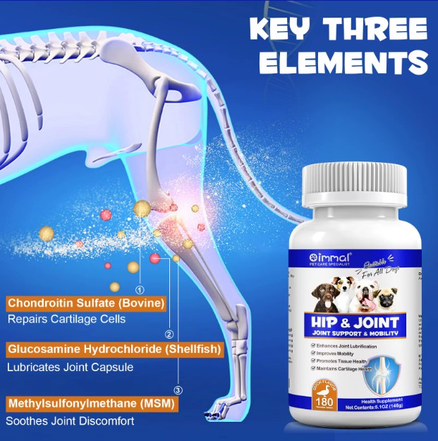 Oimmal dog treats with 180 tablets for hip and joint support, duck flavor, by Pet Care Expert.