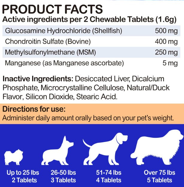 Dog treats by Pet Care Expert, Oimmal 180 tablets, hip and joint support supplement with duck flavor for dogs.