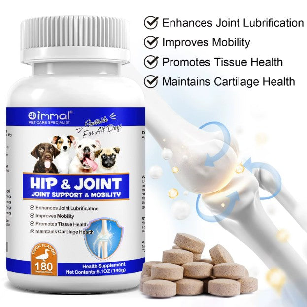 Oimmal dog treats with duck flavor, 180 tablets for joint and hip support, by Pet Care Expert, showing the supplement packaging.
