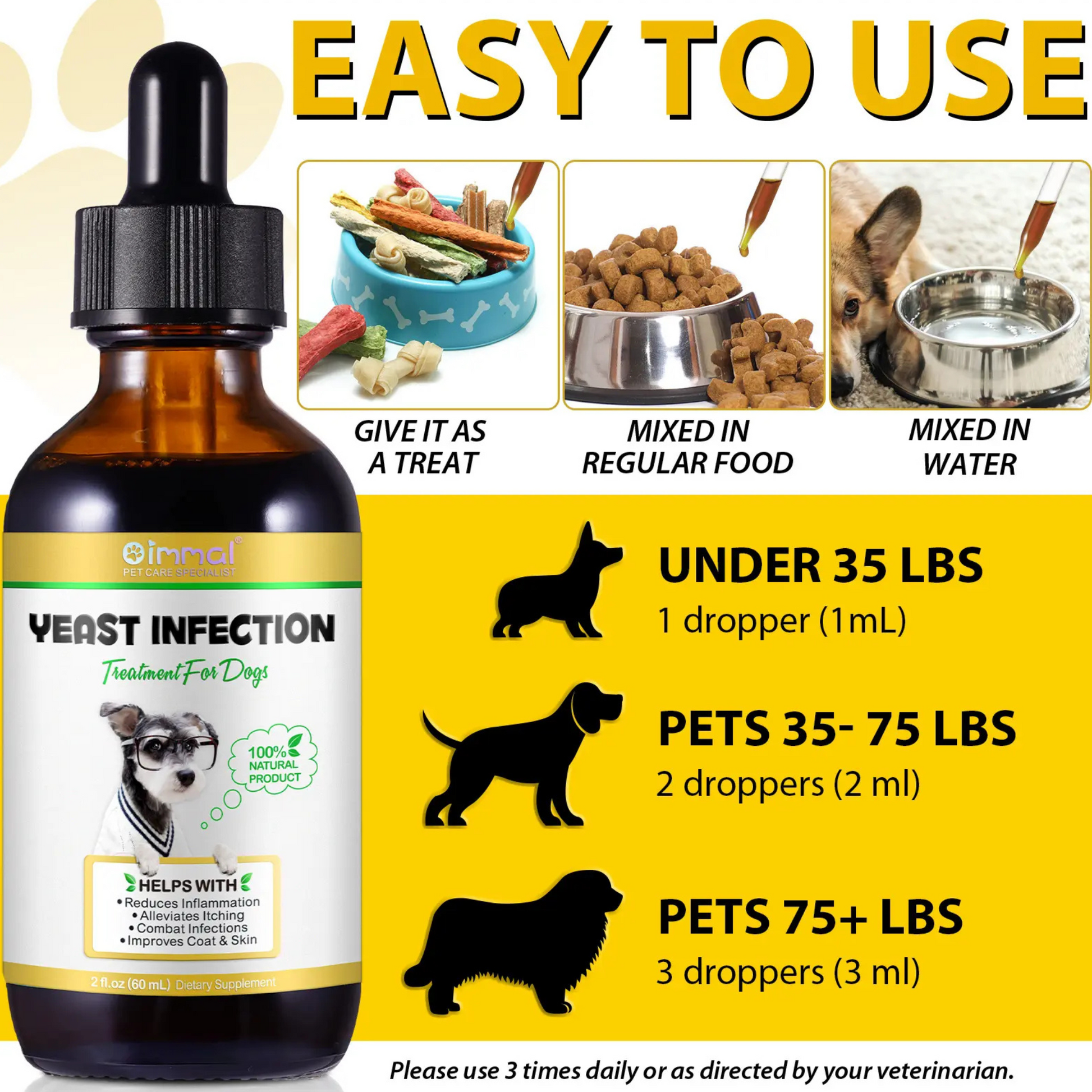 Pet Care Expert dog treats in a 60ml bottle, designed to help treat yeast infections, improve coat health, and relieve skin itchiness.