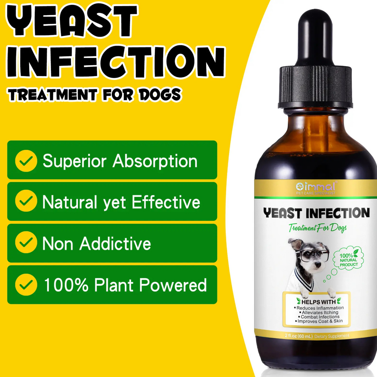 Pet Care Expert dog treats in a 60ml bottle, designed to help with yeast infection, skin allergies, and itch relief for dogs.
