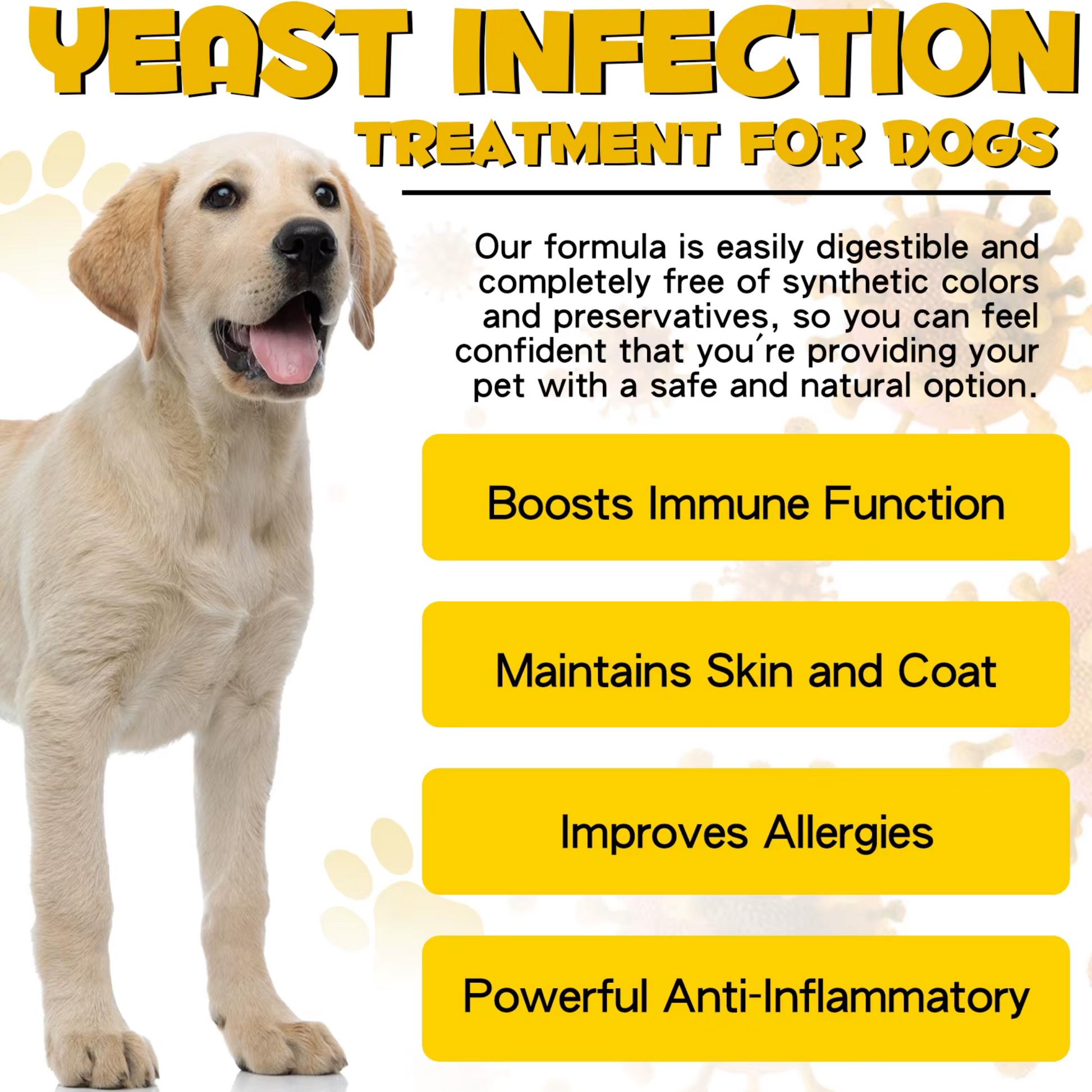 Pet Care Expert dog treats for yeast infection relief, improving coat, skin allergy, and itch relief in 60ml bottle.
