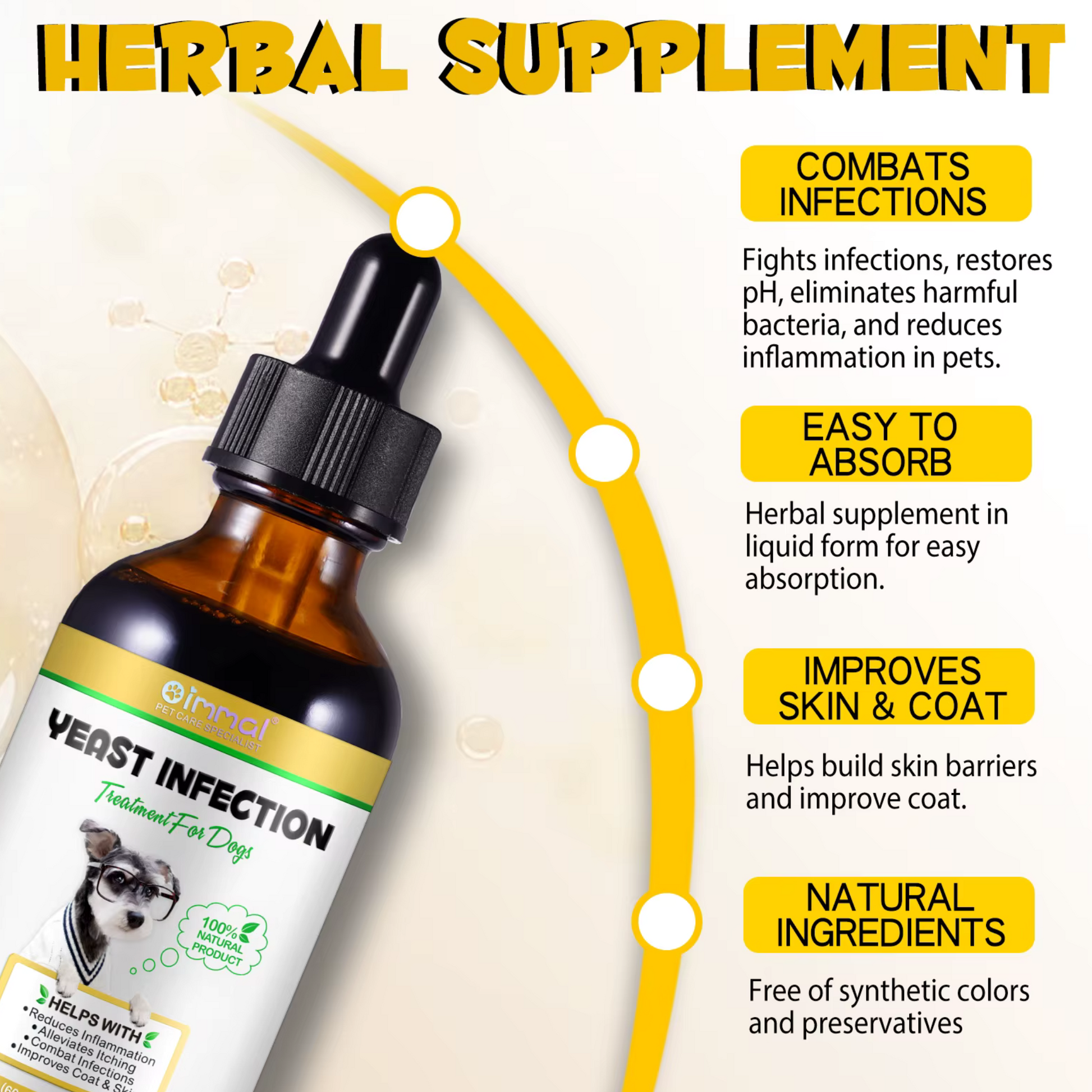 Pet Care Expert dog treats with yeast infection treatment, showing a 60ml bottle and healthy, shiny-coated dog.